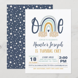 Modern Rainbow First Birthday Invitation - Boy NB Kaart