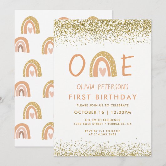 Modern Rainbow Girl 1st Birthday Invitation Kaart (Voorkant / Achterkant)