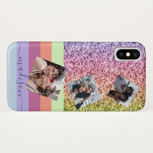 Modern Rainbow Glitter Fotocollage Monogram Case-Mate iPhone Case (Achterkant (horizontaal))