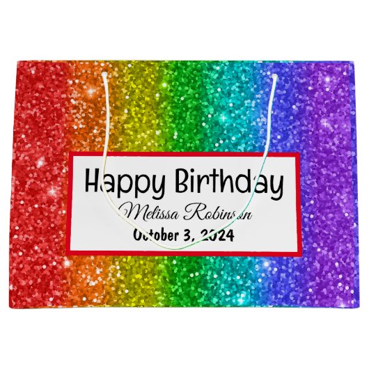 Modern Rainbow Glitter Happy Birthday Groot Cadeauzakje (Voorkant)