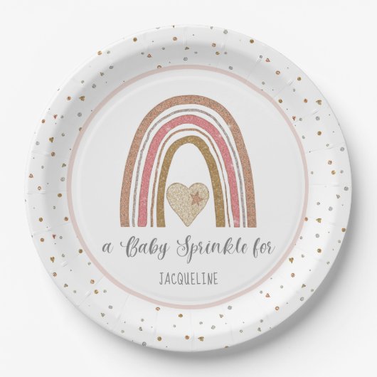 Modern Rainbow Glitter Roze Gouden Baby Sprinkle Papieren Bordje (Voorkant)