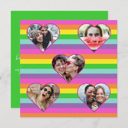 Modern Rainbow Heart 5-fotoscript Monogram Hol Feestdagenkaart (Voorkant / Achterkant)