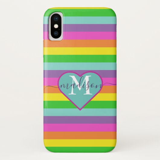 Modern Rainbow Heart Script Naam Monogram Case-Mate iPhone Case (Achterkant)
