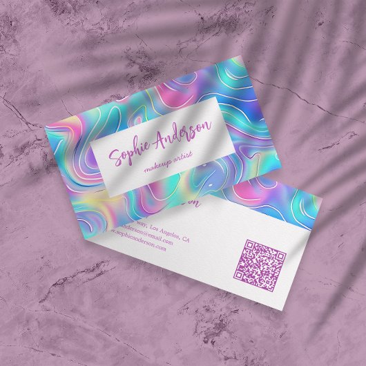 Modern Rainbow Holographic Makeup Artist & Qr Code Visitekaartje