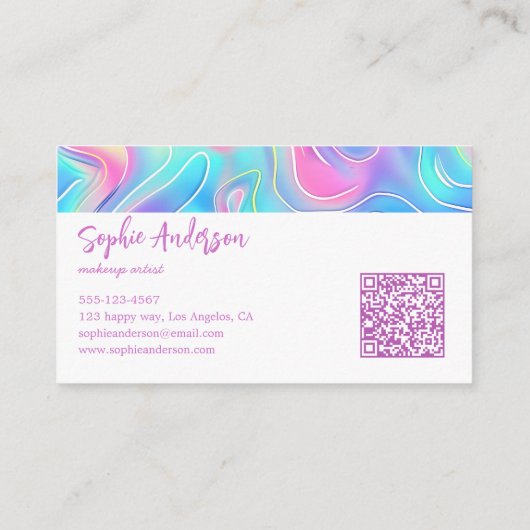 Modern Rainbow Holographic Makeup Artist & Qr Code Visitekaartje (Achterkant)
