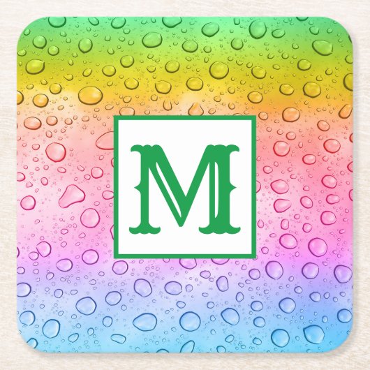 Modern Rainbow Raindrops Monogram Kartonnen Onderzetters (Voorkant)