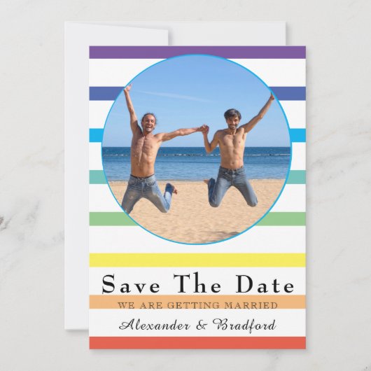 Modern Rainbow Stripe Gay Wedding Save the Date Aankondiging (Voorkant)