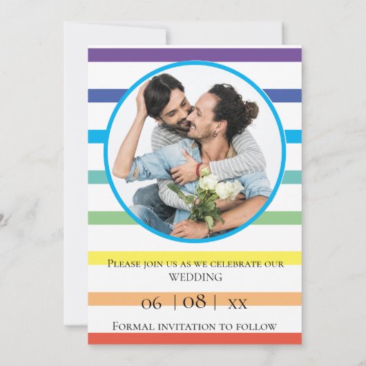 Modern Rainbow Stripe Gay Wedding Save the Date Aankondiging (Achterkant)