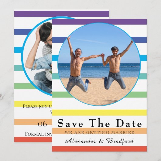 Modern Rainbow Stripe Gay Wedding Save the Date Aankondiging (Voorkant / Achterkant)