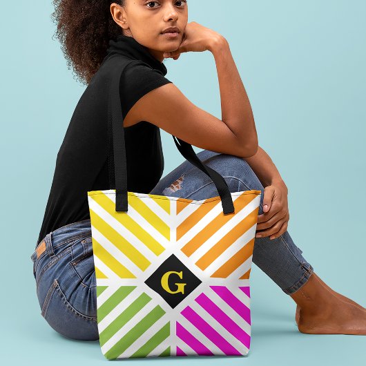Modern Rainbow Stripes Initiaal Tote Bag