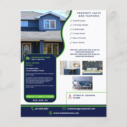 Modern Real Estate Navy Blue and Green Customized Flyer (Voorkant)