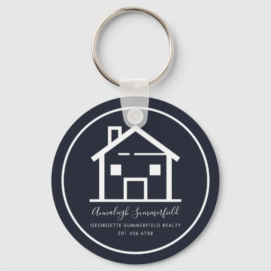 Modern Real Estate White Navy Blue Custom House Sleutelhanger (Voorkant)
