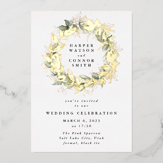 Modern Real Gold Eucalyptus Wreath Wedding Folie Uitnodiging (Voorkant)