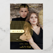 Modern Real Golden 2 Photos Trendy Geometric Arch  Folie Uitnodiging (Voorkant)