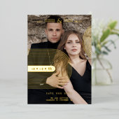 Modern Real Golden 2 Photos Trendy Geometric Arch  Folie Uitnodiging (Staand Voorkant)