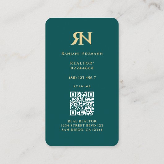 Modern Realtor Monogram R N Donker Blauwgroen onro Visitekaartje (Achterkant)