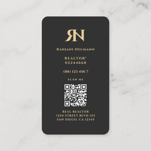Modern Realtor Monogram R N Initiaal Zwart Goud Visitekaartje (Achterkant)