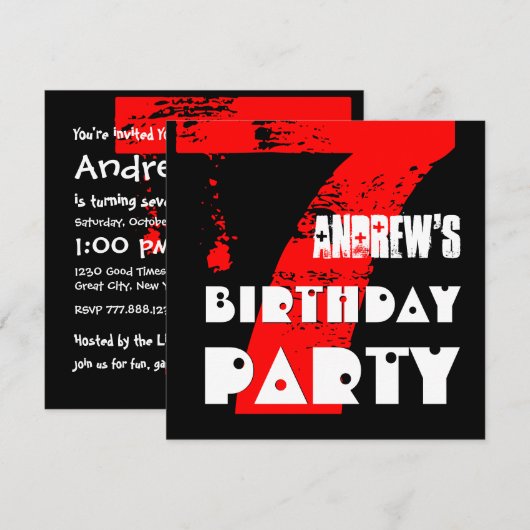 Modern RED 7th Birthday Party 7 Year Old V10 Kaart (Voorkant / Achterkant)