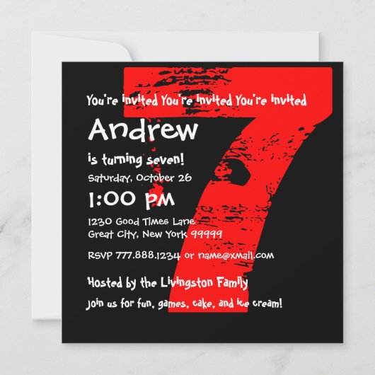 Modern RED 7th Birthday Party 7 Year Old V10 Kaart (Achterkant)