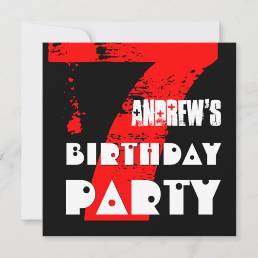 Modern RED 7th Birthday Party 7 Year Old V10 Kaart (Voorkant)