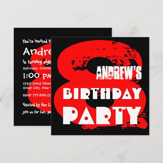 Modern RED 8th Birthday Party 8 Year Old V11 Kaart (Voorkant / Achterkant)