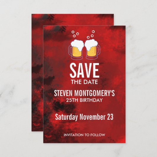 Modern Red Abstract met Beer Steins Birthday Save The Date (Voorkant / Achterkant)