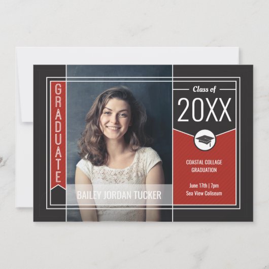 Modern Red Afstuderen Afstuderen Foto Aankondiging (Voorkant)