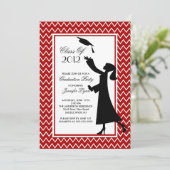 Modern Red Afstuderen Invitation Silhouette Afstud Kaart (Staand voorkant)