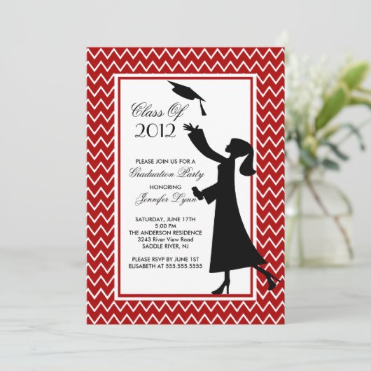 Modern Red Afstuderen Invitation Silhouette Afstud Kaart (Staand voorkant)