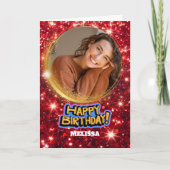 Modern Red and Gold Glitter Photo & Name Birthday Kaart (Voorkant)