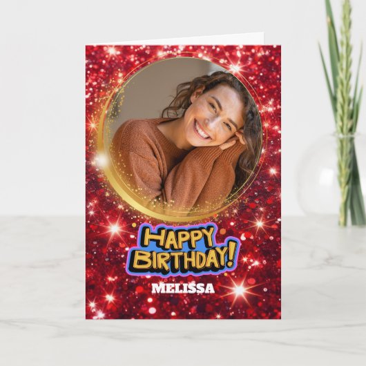 Modern Red and Gold Glitter Photo & Name Birthday Kaart (Voorkant)