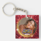 Modern Red and Gold Glitter Photo Name Birthday Sleutelhanger (voorkant)
