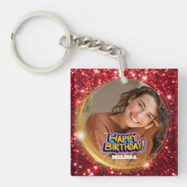 Modern Red and Gold Glitter Photo Name Birthday Sleutelhanger