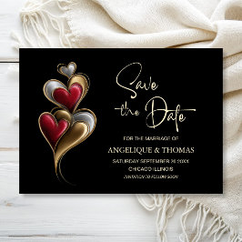 Modern Red and Gold Hearts Wedding Save the Date