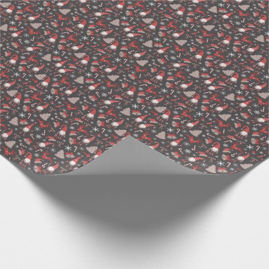 Modern Red and Grey Holiday Gnome Pattern Wrapping Cadeaupapier (Hoek)