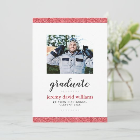 Modern Red and Grey Photo Graduation Party Kaart (Staand voorkant)