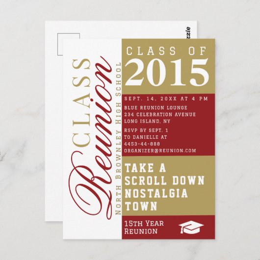 Modern red and tan School Class Reunion Postcard Briefkaart (Voorkant / Achterkant)