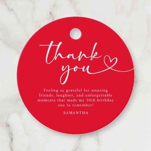 Modern Red and White 30th Birthday Thank You Bedankjes Labels (Voorkant)