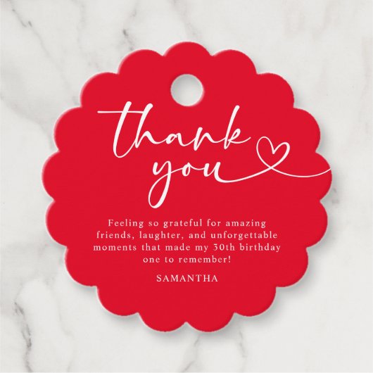 Modern Red and White 30th Birthday Thank You Bedankjes Labels (Voorkant)