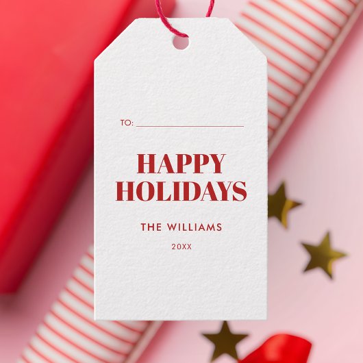 Modern Red and White Happy Holidays Cadeaulabel