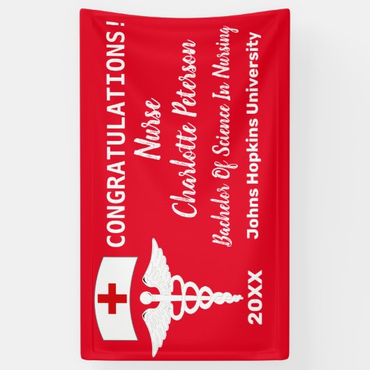 Modern Red and White Nurse Graduation Party Spandoek (Verticaal)