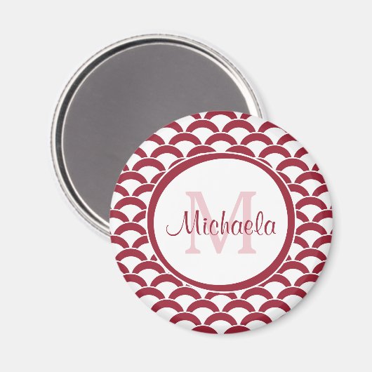 Modern Red and White Scallops Monogram en Naam Magneet (Voorkant / Achterkant)