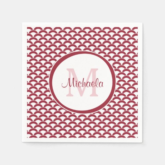Modern Red and White Scallops Monogram en Naam Servet (Voorkant)