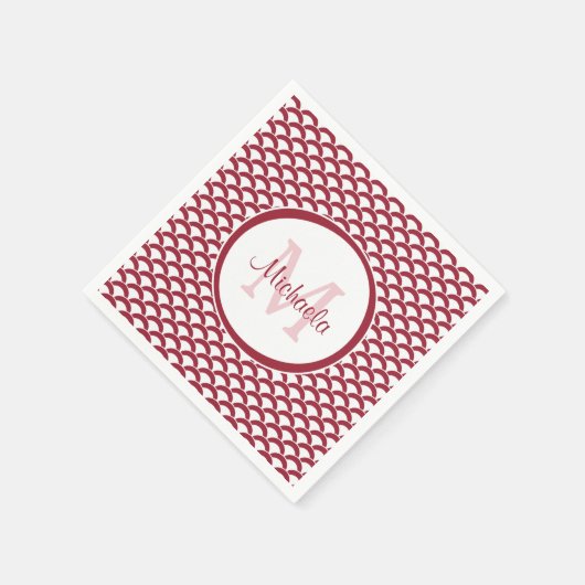 Modern Red and White Scallops Monogram en Naam Servet (Hoek)