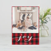 Modern Red Back Buffalo Pset Elegant Script JOY Feestdagenkaart (Staand voorkant)