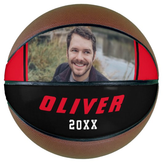 Modern Red Black Aangepaste naam Tekstfoto Basketbal (Voorkant)