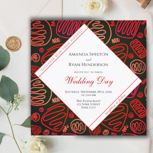 Modern Red Black Abstract One Line Art Wedding Kaart