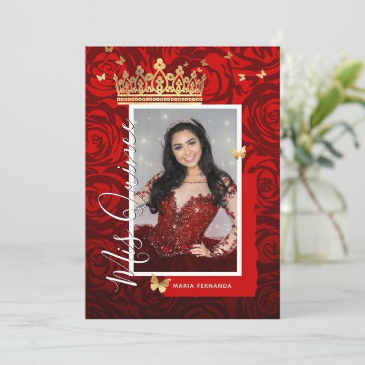 Modern Red Black Gold Elegant Photo Quinceanera Kaart (Staand voorkant)