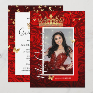 Modern Red Black Gold Elegant Photo Quinceanera Kaart