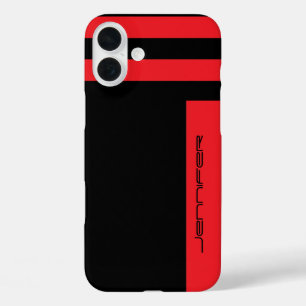 Modern Red, Black Minimalist Stripe met naam iPhone 16 Plus Hoesje